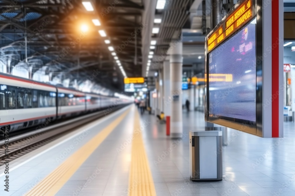 A train station platform with a display board and waiting area. A train station platform with a display board and waiting area.