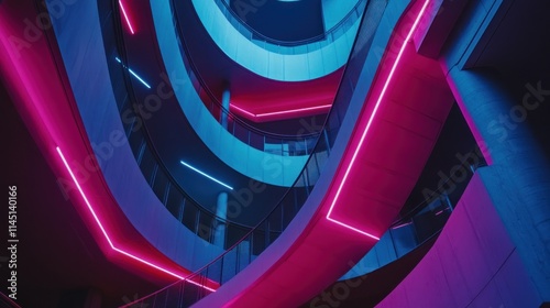 Abstract neon lights illuminate a modern building's spiral staircase.