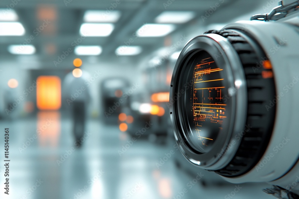 A futuristic lens in a high-tech environment with a figure in the background. A futuristic lens in a high-tech environment with a figure in the background.