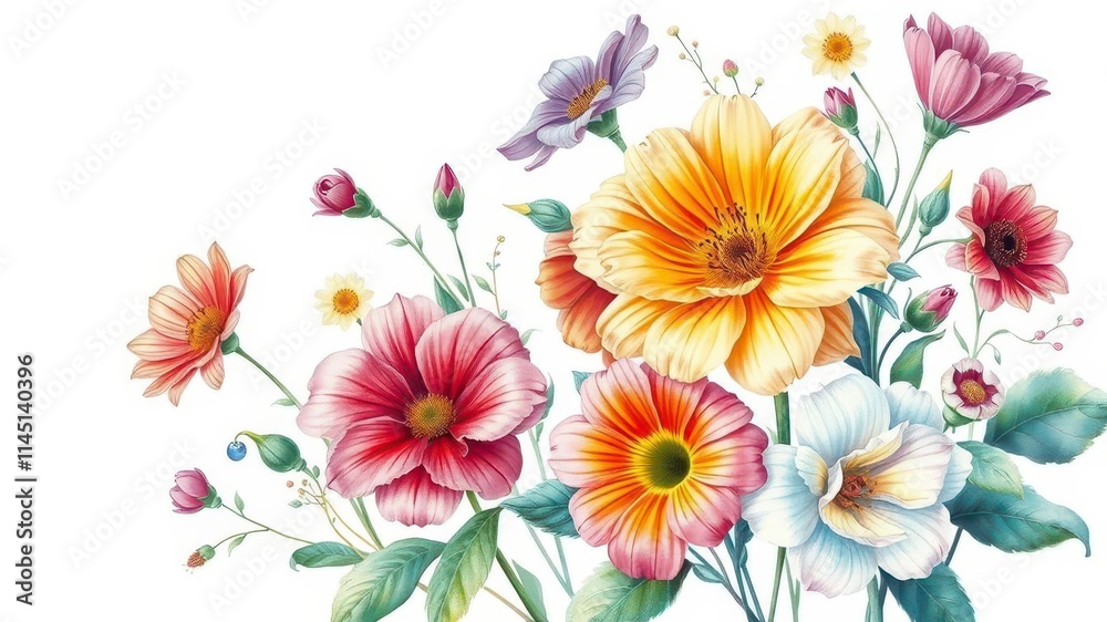 Fototapeta premium Vibrant watercolor illustration of colorful flowers in bloom on a white background, nature, botanical, painting