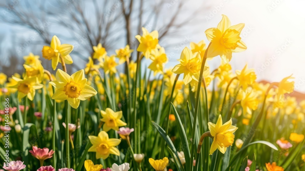 Vibrant yellow daffodil flowers blooming in a vast field under clear blue skies, fresh, field, petals