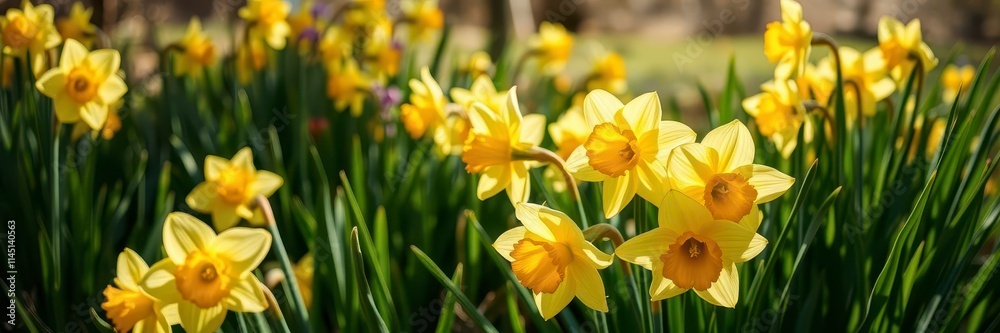 Obraz premium Vibrant yellow daffodil flowers swaying in a sunlit field, beautiful, flora