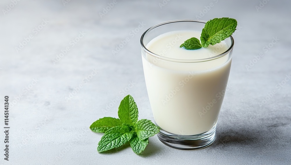 Glass of fresh kefir garnished with mint leaves, served on a bright white surface, healthy fermented probiotic drink, minimalistic presentation, selective focus, copy space
