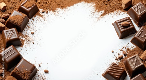 Many pieces of chocolate on the ground with powder, space for text photo