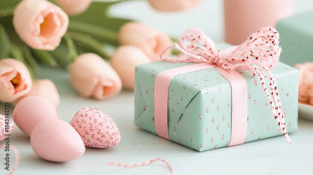Pastel gift box with tulips and eggs. Pastel gift box with tulips and eggs.
