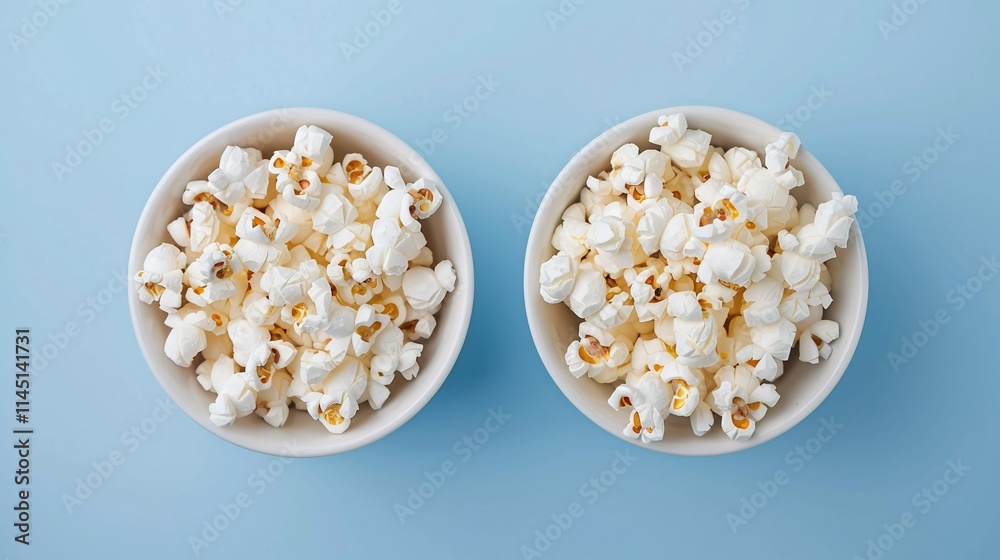 Two bowls of freshly popped popcorn on a blue background, flat lay snack photography, minimalistic cinema snack concept, simple food design with copy space for text.
Two bowls of freshly popped popcorn on a blue background, flat lay snack photography, minimalistic cinema snack concept, simple food design with copy space for text.