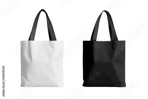 Two tote bags, one black and white isolated on transparent background mock up png 
 photo