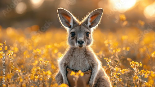 A baby kangaroo peeking out of its mother's pouch in the Australian outback, photo