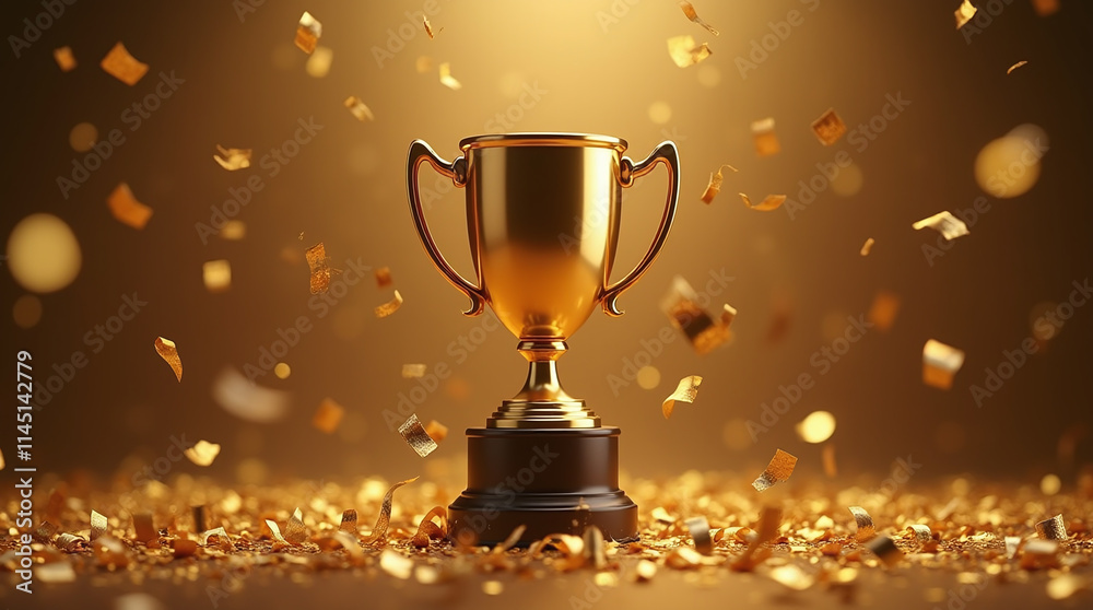 Golden Trophy Prize with Confetti Flying Around, Winner of Competition Golden Trophy Prize with Confetti Flying Around, Winner of Competition