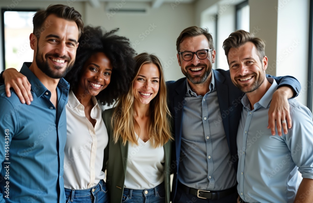 Obraz premium Happy diverse business people embrace in office. Teamwork success. Smiling colleagues in casual office. Looking at camera with confident expressions. Successful, friendly business partners. Modern