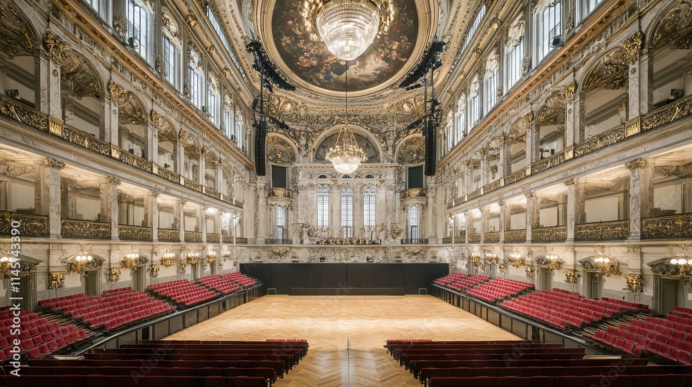 Obraz premium Elegant concert hall with ornate architecture and seating for performances.