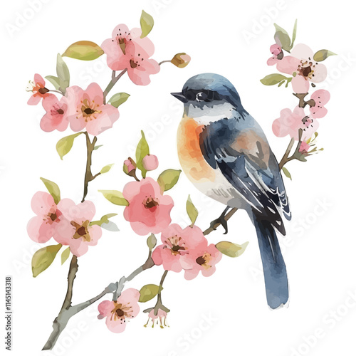 A watercolor painting of a bird perched on a blooming branch, isolated on a white background. Bird perched on a blooming branch vector.
