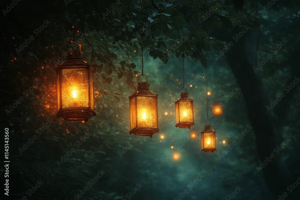 Glowing lanterns hang amidst dark, leafy trees. Glowing lanterns hang amidst dark, leafy trees.