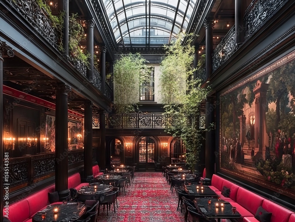 Elegant indoor dining space with lush plants and artistic decor. Elegant indoor dining space with lush plants and artistic decor.