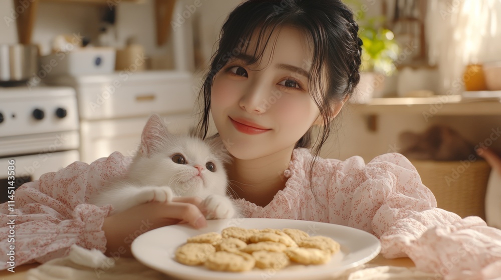 Smiling woman enjoying breakfast with her white Persian cat on a sunny morning at a dining table set with cookies and cozy decor Smiling woman enjoying breakfast with her white Persian cat on a sunny morning at a dining table set with cookies and cozy decor