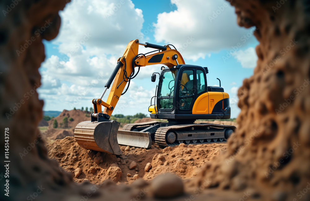 Yellow mini excavator works at construction site. Machine digs earth in pit. Cloudy blue sky above. Construction equipment helps building project. Earthworks activity outdoors. Sunny day at Yellow mini excavator works at construction site. Machine digs earth in pit. Cloudy blue sky above. Construction equipment helps building project. Earthworks activity outdoors. Sunny day at