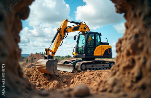 Yellow mini excavator works at construction site. Machine digs earth in pit. Cloudy blue sky above. Construction equipment helps building project. Earthworks activity outdoors. Sunny day at