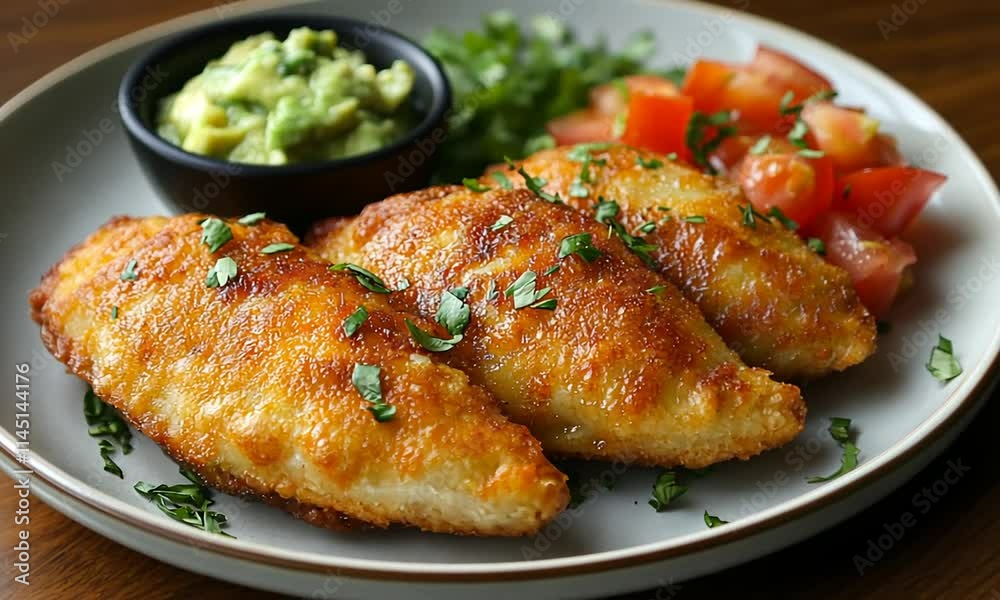A plate of crispy fried fish fillets served with guacamole, diced tomatoes, and herbs. A plate of crispy fried fish fillets served with guacamole, diced tomatoes, and herbs.