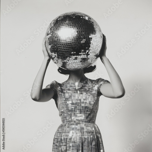 Woman in 60s Disco Dress Holding Disco Ball Head, Celebrating New Year