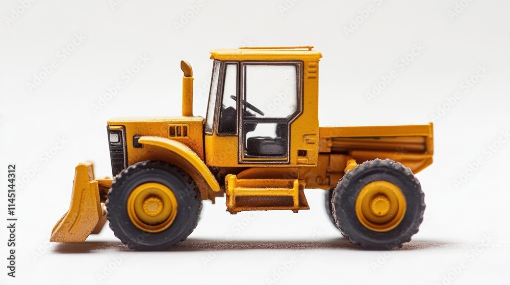 Yellow toy bulldozer with bucket isolated on white background. Yellow toy bulldozer with bucket isolated on white background.