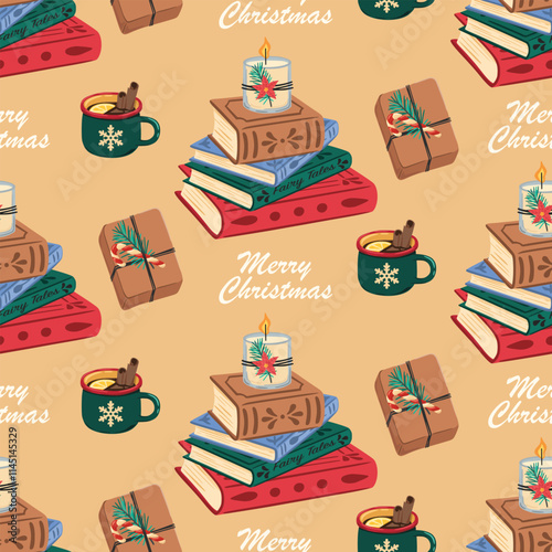 Seamless Christmas pattern. Holiday background with Christmas elements. Cartoon texture for fabric, wallpaper, wrapping paper.