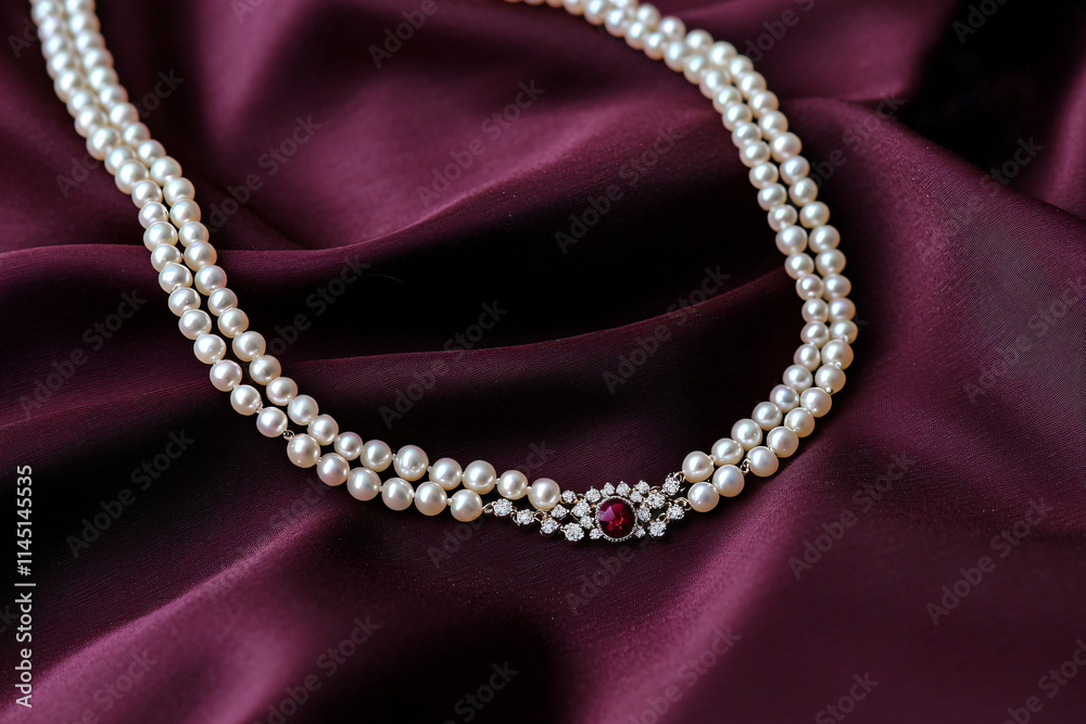 Obraz premium cultured pearl necklace cascading on deep wine-colored silk