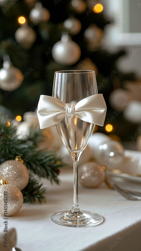 A glass of champagne with a white bow on a table A glass of champagne with a white bow on a table