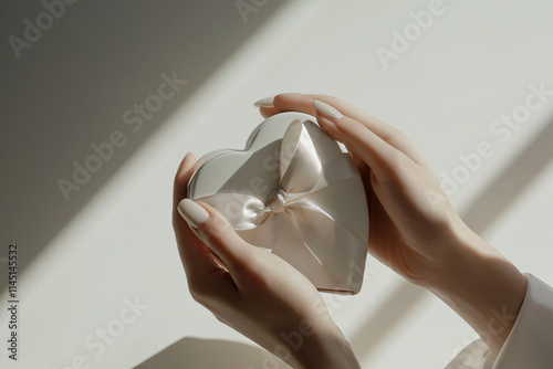 manicured female hands presenting heart-shaped gift box with satin ribbon photo