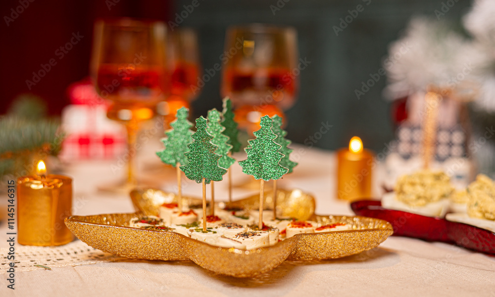 Celebration delicacies on Christmas table. Holiday food concept Celebration delicacies on Christmas table. Holiday food concept