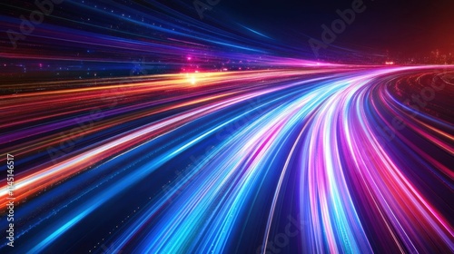 Captivating light trails painting a vivid spectacle against cityscape, showcasing speed and innovation. A compelling choice for futuristic designs and dynamic visual compositions