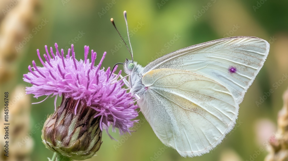 Close-up of a white butterfly with pink spots feeding on a purple thistle flower. Close-up of a white butterfly with pink spots feeding on a purple thistle flower.