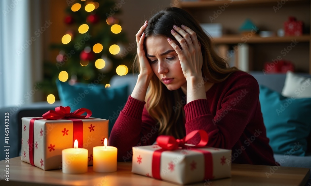 Holiday stress woman holding head Christmas presents red Holiday stress woman holding head Christmas presents red