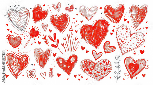 Collection of red hearts with a white background. The hearts are drawn in a crayon style, giving the image a playful and whimsical feel. The arrangement of the hearts creates a sense of unity