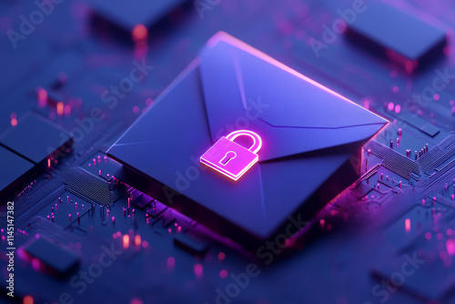 Glowing neon envelope icon with a padlock symbol