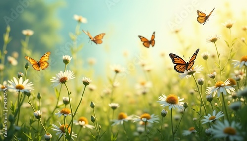 Playful Monarch Butterflies Dancing Among Sun-Kissed Daisies in Summer Meadow