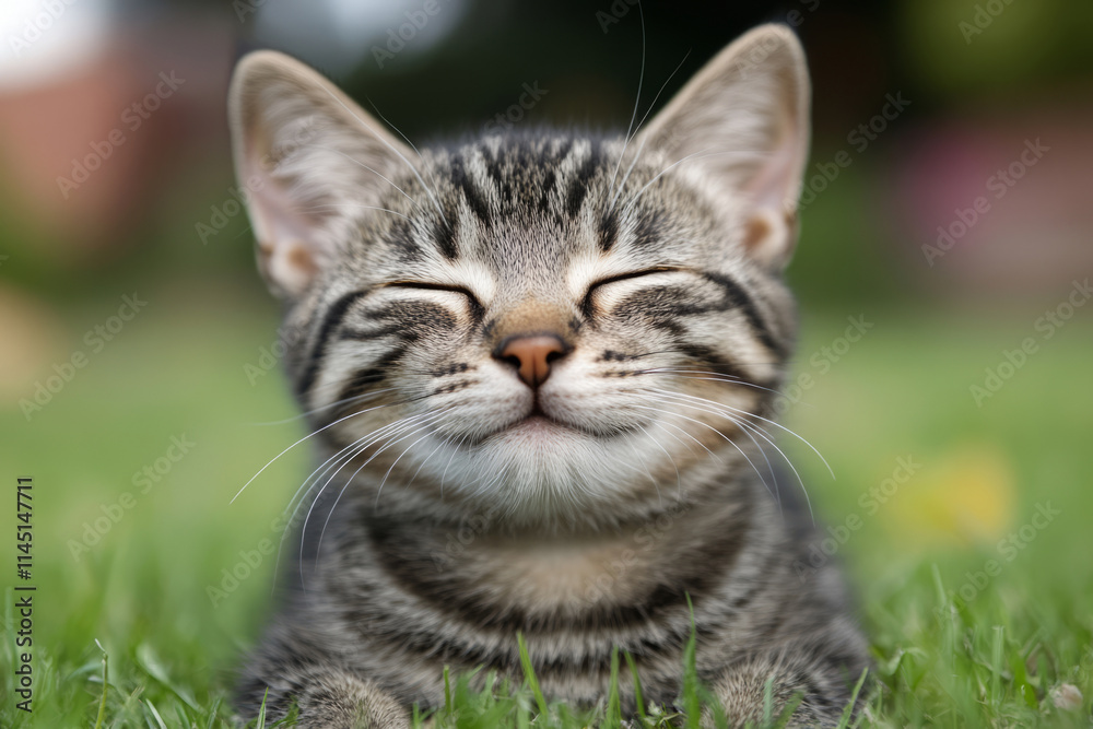 Kitten with eyes closed and a smile, lounging on grass Kitten with eyes closed and a smile, lounging on grass