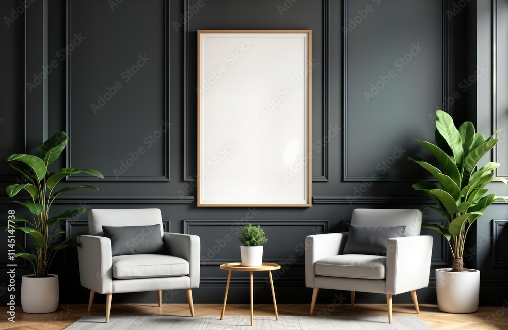Fototapeta premium Stylish room interior with grey armchairs, small table, green plant. Blank poster on dark wall provides modern design template. Scandinavian style living room. Interior concept. Modern home decor.