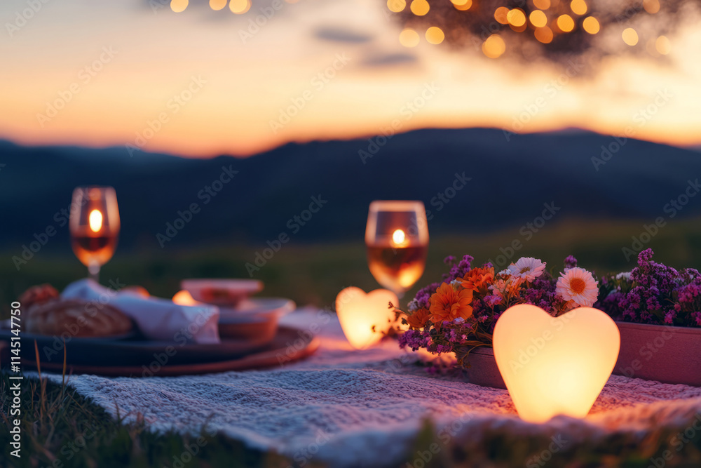 Fototapeta premium Outdoor picnic with candles, flowers, and romantic lighting