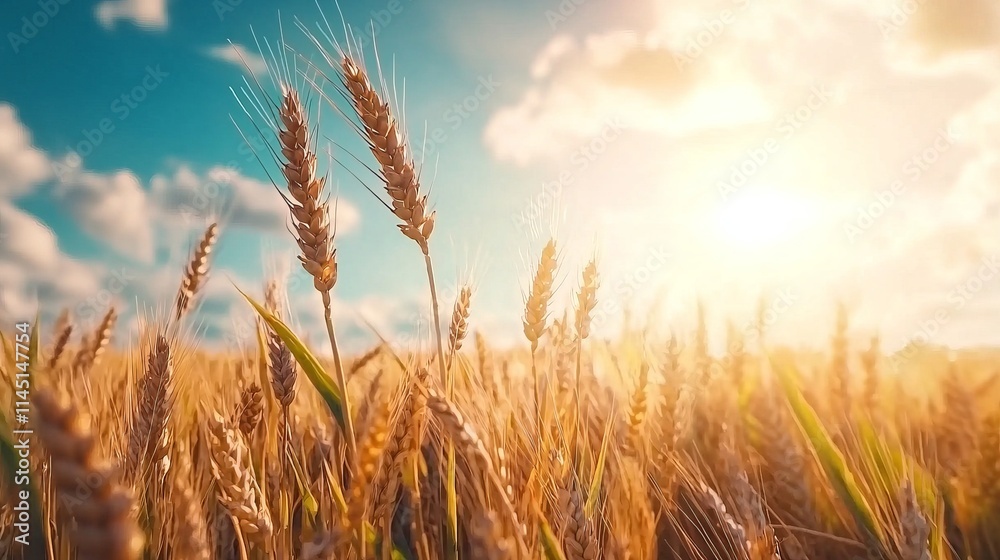 Golden wheat field under a bright sky at sunset.