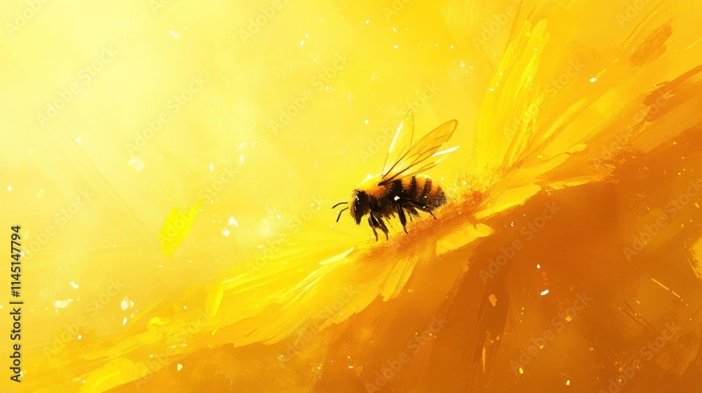 Naklejka premium Bee pollinating a bright yellow flower in sunlight.
