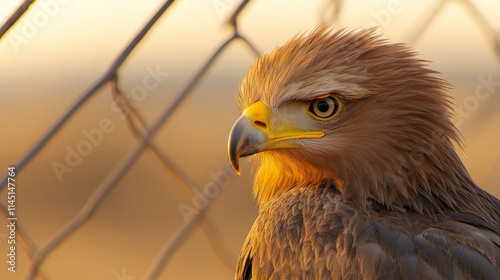 Fierce eagle with piercing eyes behind a chain-link fence highlighting wildlife captivity strength and a powerful connection to conservation themes photo