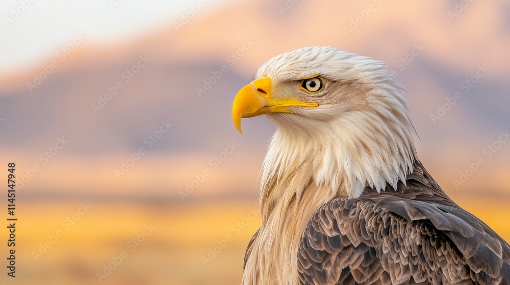 Obraz premium Majestic eagle perched proudly against a scenic mountain range backdrop during golden hour capturing strength freedom and the grandeur of nature’s landscapes