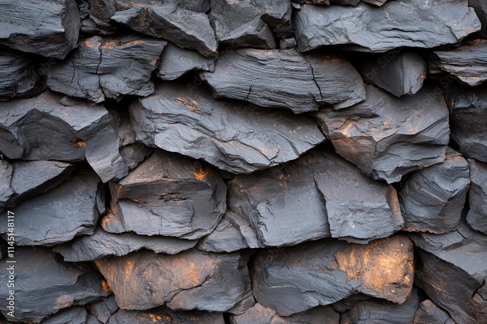 A textured arrangement of dark, angular rocks in a layered formation. A textured arrangement of dark, angular rocks in a layered formation.