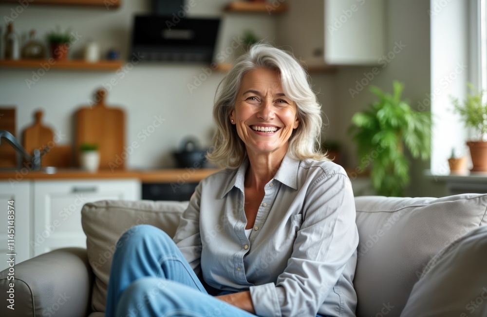 Smiling mature woman sits comfortably on sofa in living room. Relaxed, happy. Indoor shot of senior lady at home. Casual attire. Expression shows contentment, joy. Image portrays relaxed lifestyle at Smiling mature woman sits comfortably on sofa in living room. Relaxed, happy. Indoor shot of senior lady at home. Casual attire. Expression shows contentment, joy. Image portrays relaxed lifestyle at