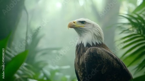 Bald eagle surrounded by dense rainforest foliage showcasing its regal posture sharp gaze and natural ecosystem emphasizing wildlife conservation and habitat preservation themes photo