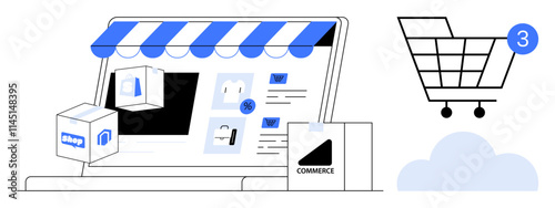 Laptop screen displaying an online store, shopping cart with three items, and delivery boxes. Ideal for eCommerce, online shopping, retail, digital sales, inventory management, delivery services