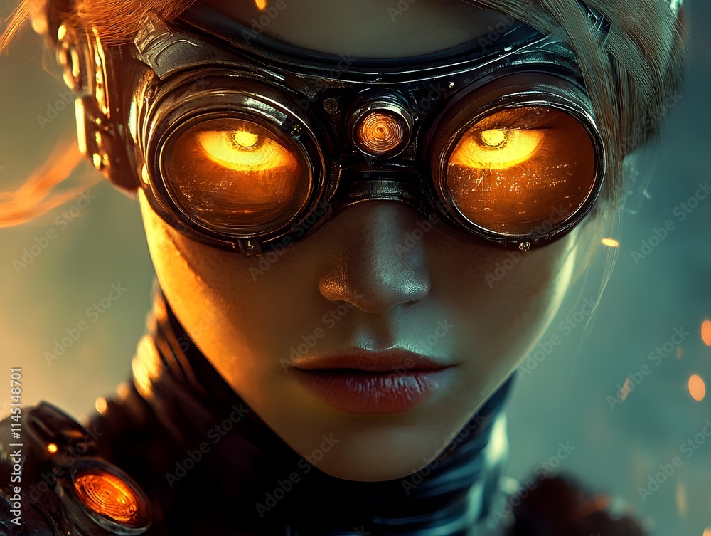 Steampunk heroine with glowing goggles and mechanical