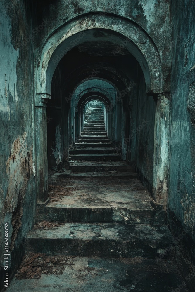 Fototapeta premium Ancient stone stairway, arched passage, decaying structure.