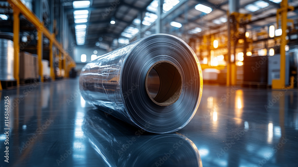 Plastic roll in an industrial warehouse setting. Plastic roll in an industrial warehouse setting.