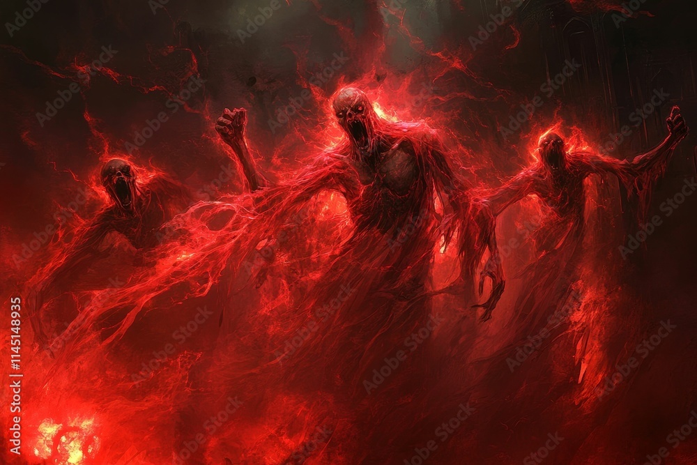 Fiery, demonic figures emerge from inferno. Fiery, demonic figures emerge from inferno.
